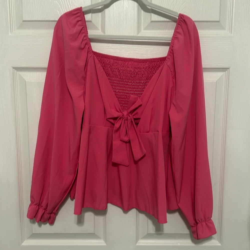 Pink long sleeve tie front top